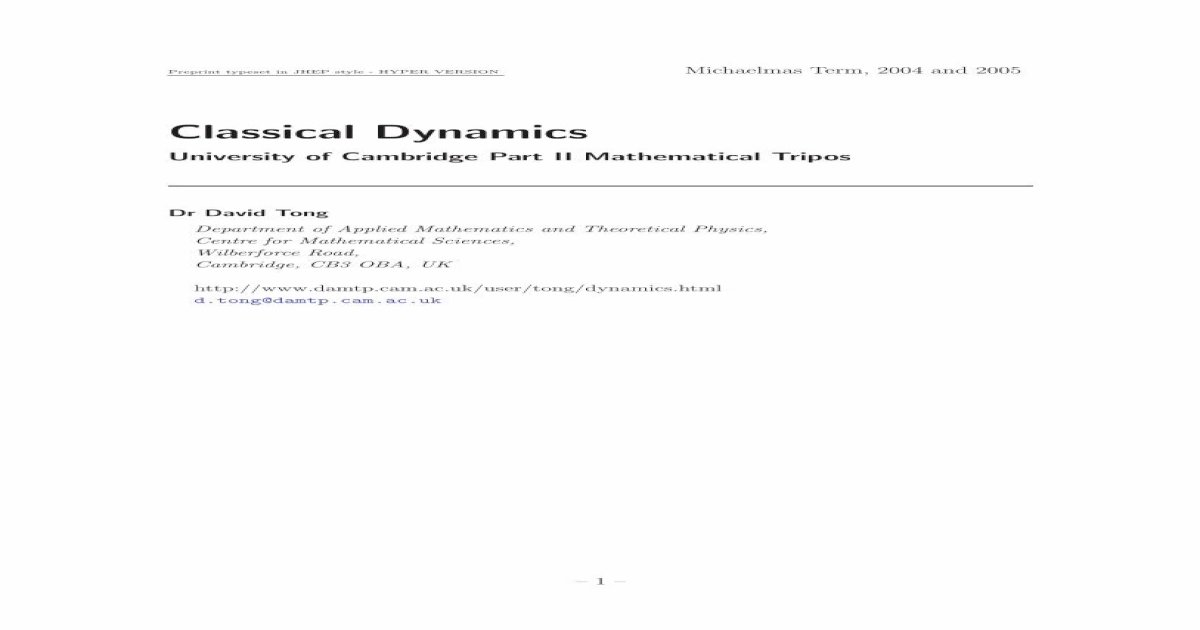 Classical Mechanics Lecture Notes David Tong DAMPT Cambridge Univ