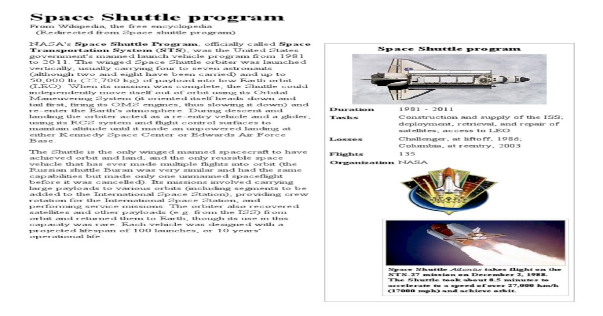 Space Shuttle Program Wikipedia The Free Encyclopedia Pdf Document