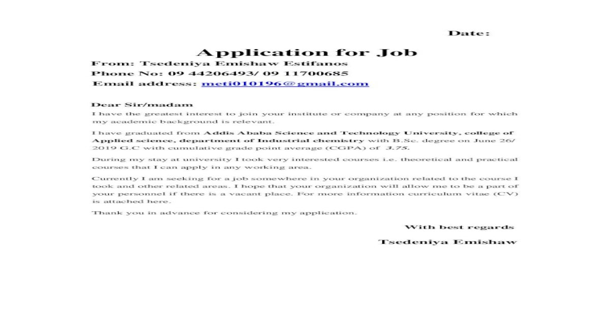 application letter for job in ethiopia